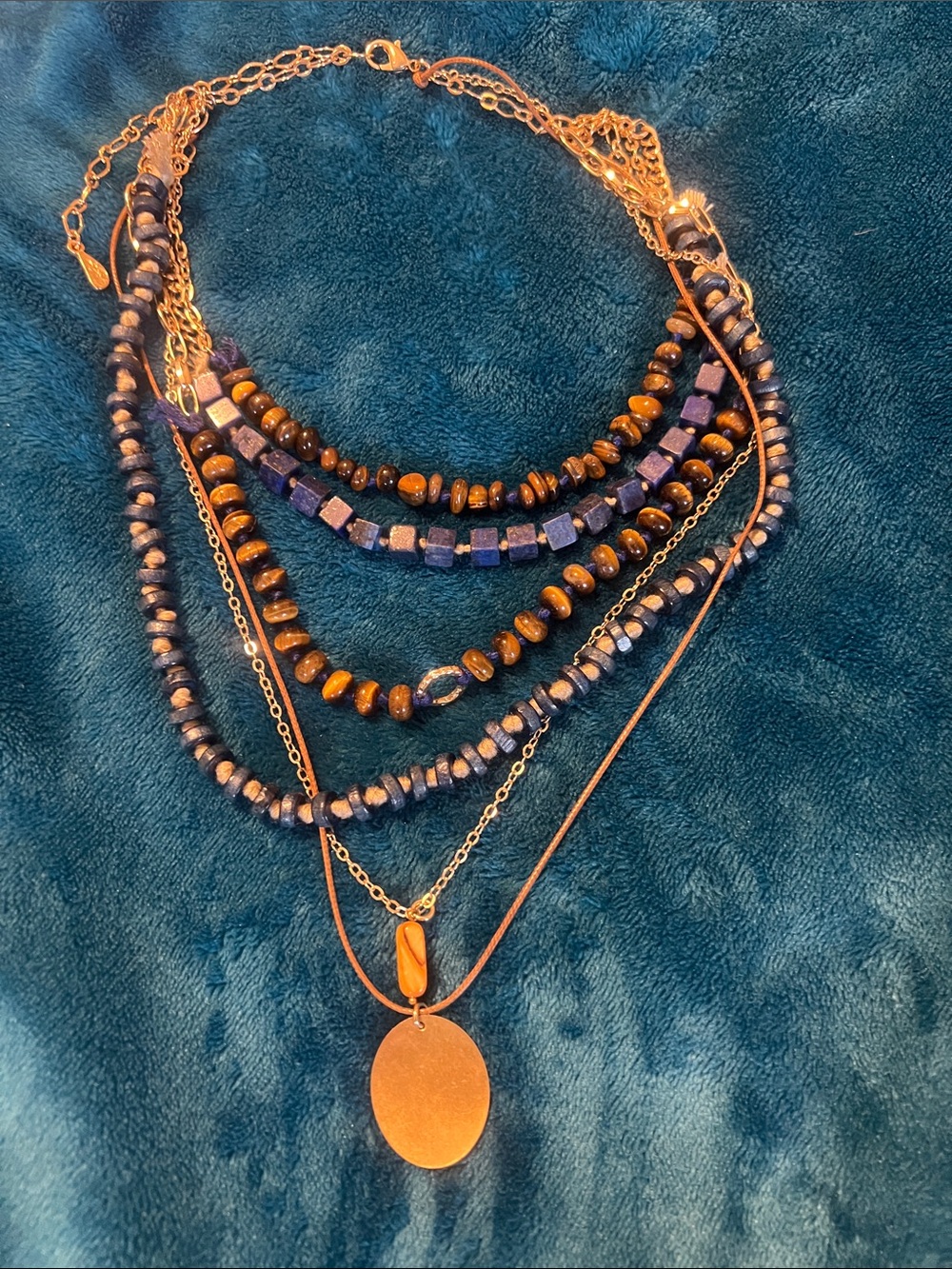 Layered Blue and Brown Beaded Pendant Necklace - Unbranded